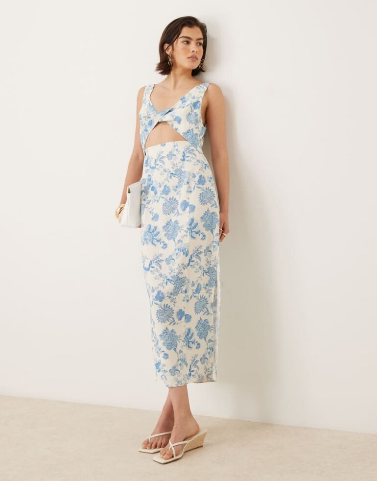 ASOS DESIGN strappy twist bust detail cut out midi dress in floral print-Multi