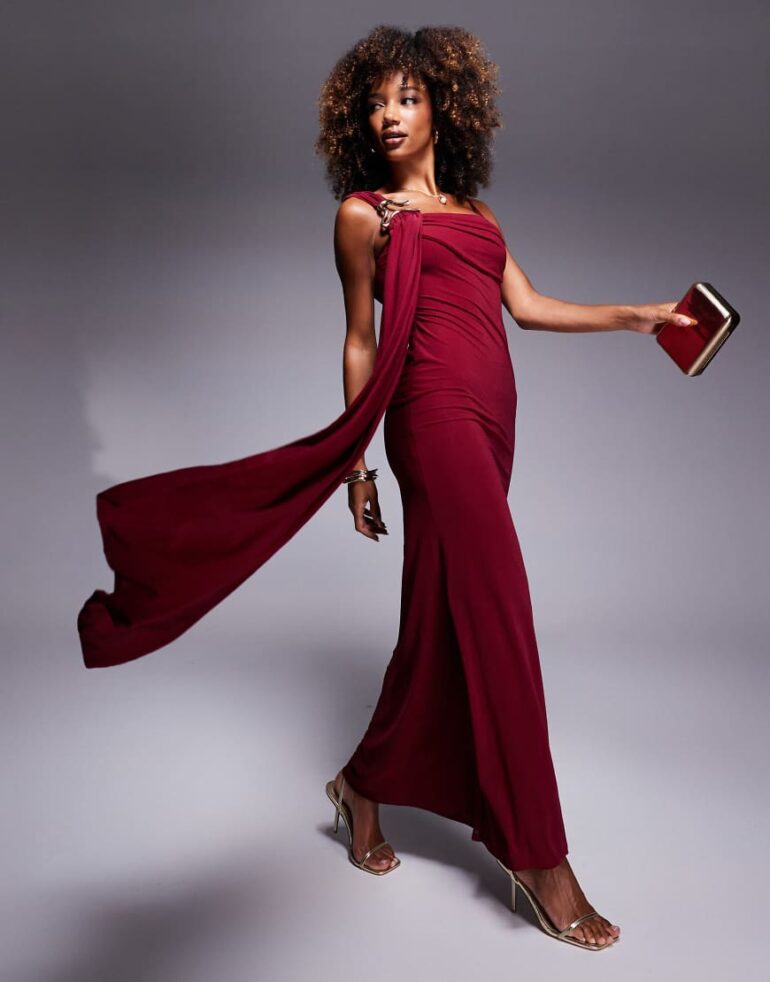 ASOS DESIGN stretch chiffon cowl neck maxi dress with oversized trim and sash detail in burgundy-Red