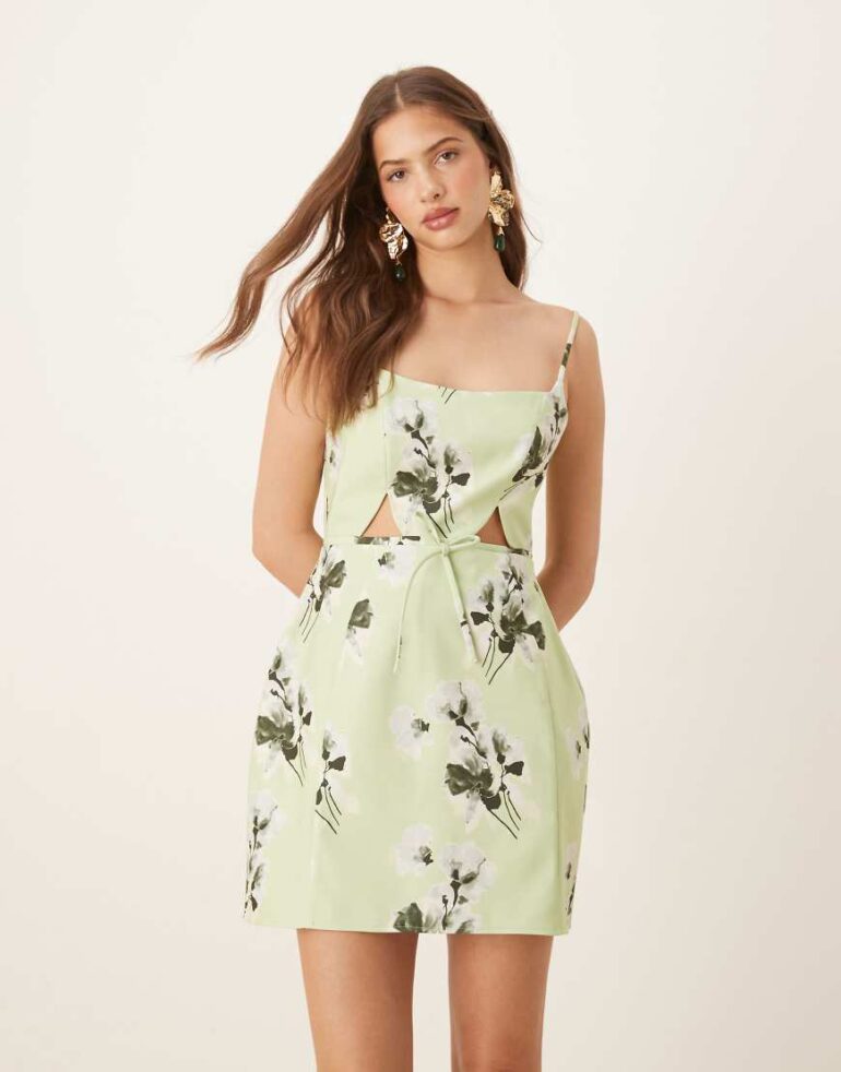 ASOS DESIGN structured cutout mini dress with bow in sage floral print-Multi