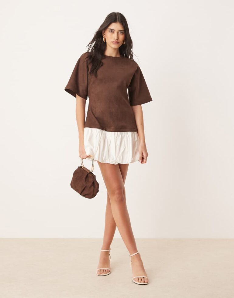 ASOS DESIGN suedette t shirt mini dress with bubble hem in brown