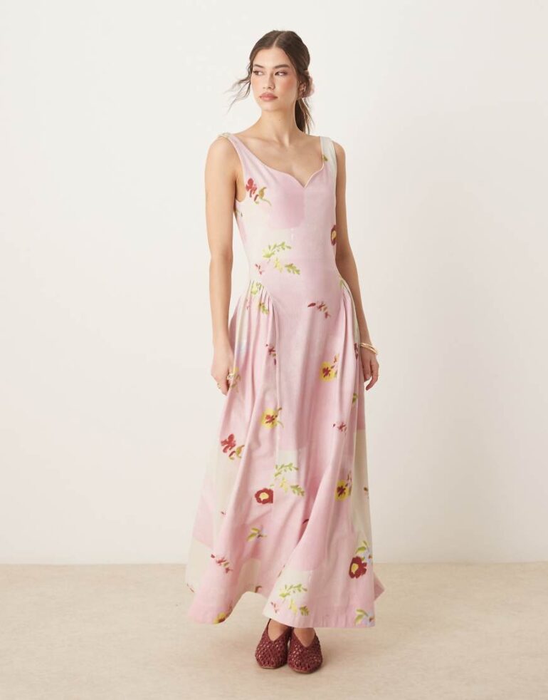 ASOS DESIGN summer maxi dress with full skirt in pink floral patchwork print-Multi
