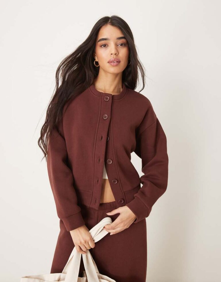 ASOS DESIGN sweat crew neck cardigan co ord in chocolate-Brown