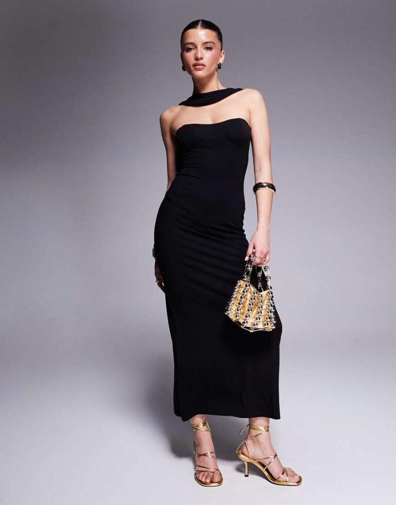 ASOS DESIGN sweetheart bandeau with faux scarf strap maxi dress in black