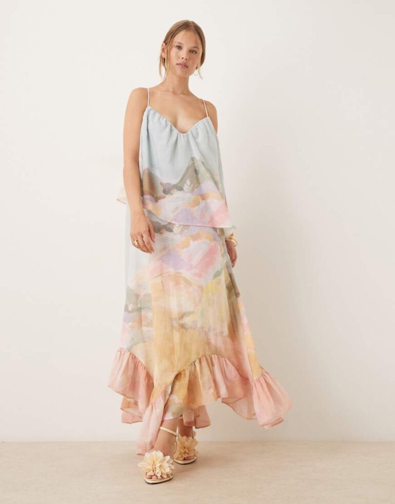 ASOS DESIGN sweetheart double layer volume maxi dress with pephem in landscape floral print-Multi