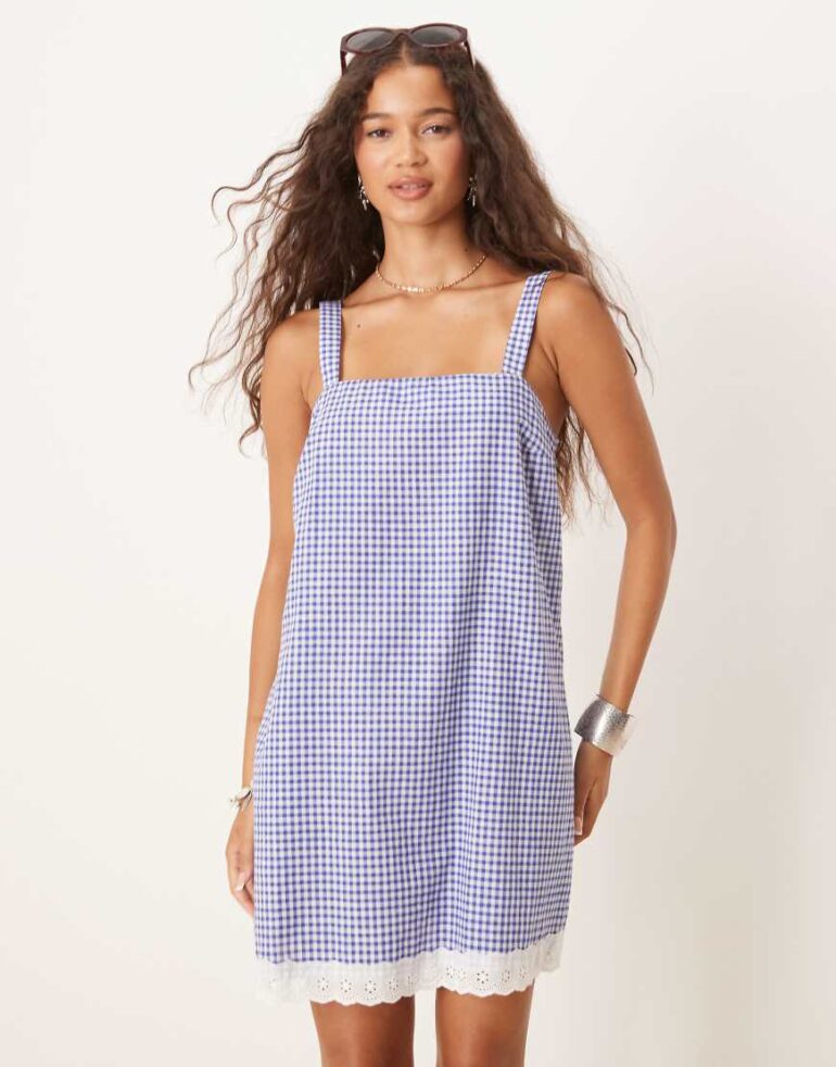 ASOS DESIGN swing mini dress with broderie hem in navy gingham-Multi