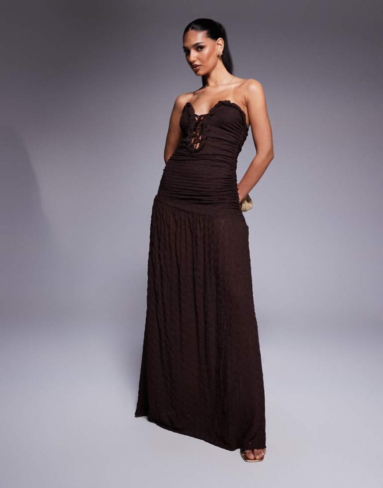 ASOS DESIGN textured bandeau maxi dress with curved trim and lace up detail in chocolate-Brown