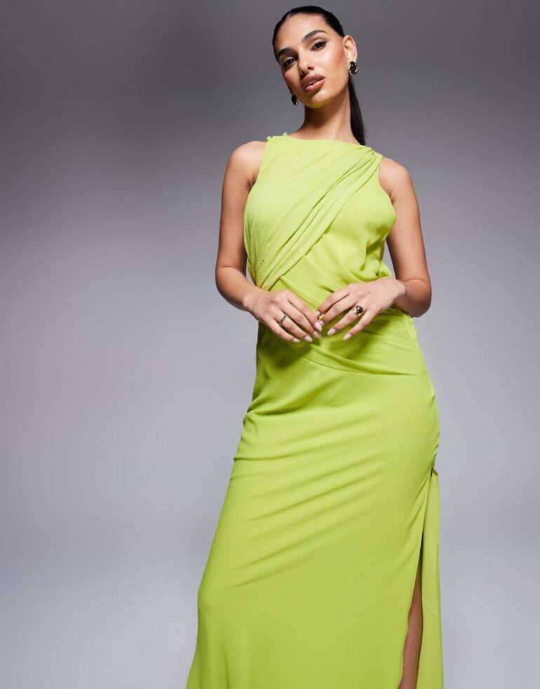 ASOS DESIGN textured chiffon draped bias maxi dress in green