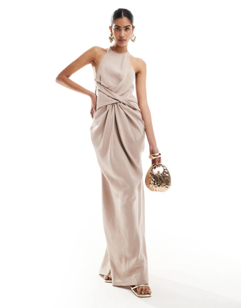 ASOS DESIGN textured racer neck maxi dress with twist waist detail in stone-Brown