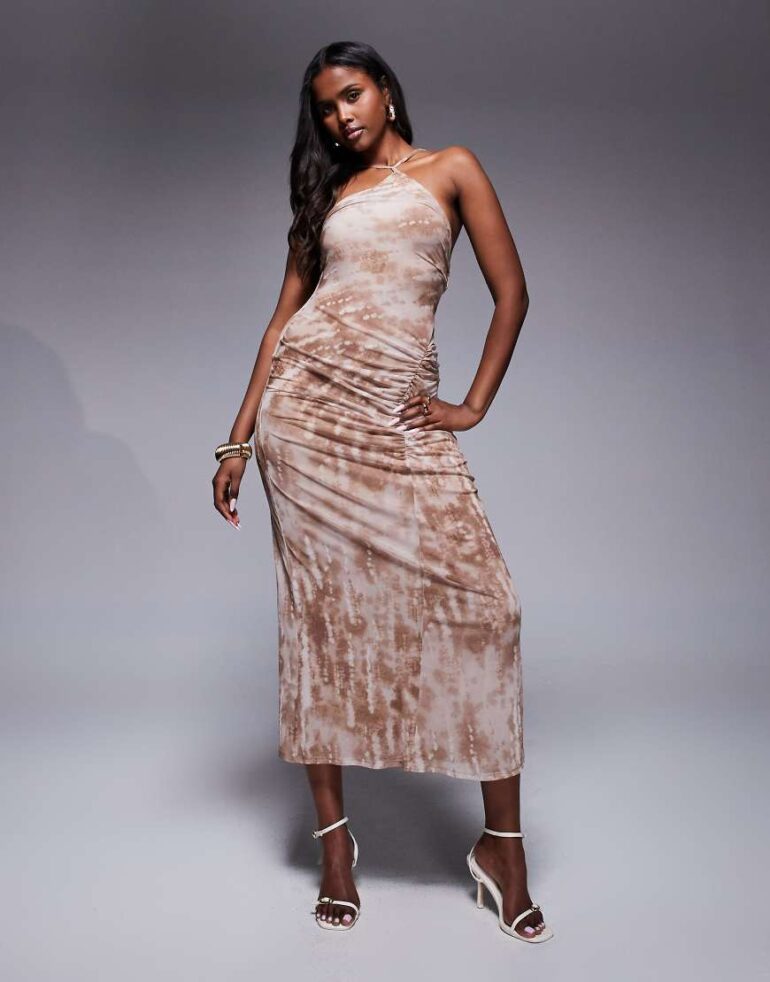 ASOS DESIGN thin halter strap mesh midi dress with ruching detail in blurred pink print-Multi