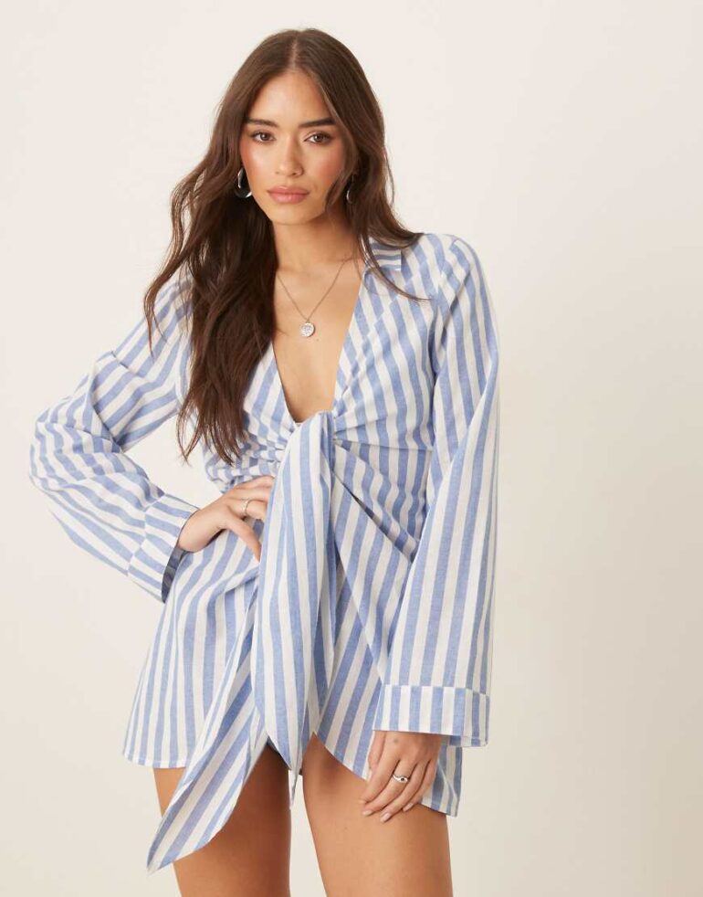 ASOS DESIGN tie front beach shirt dress in blue stripe