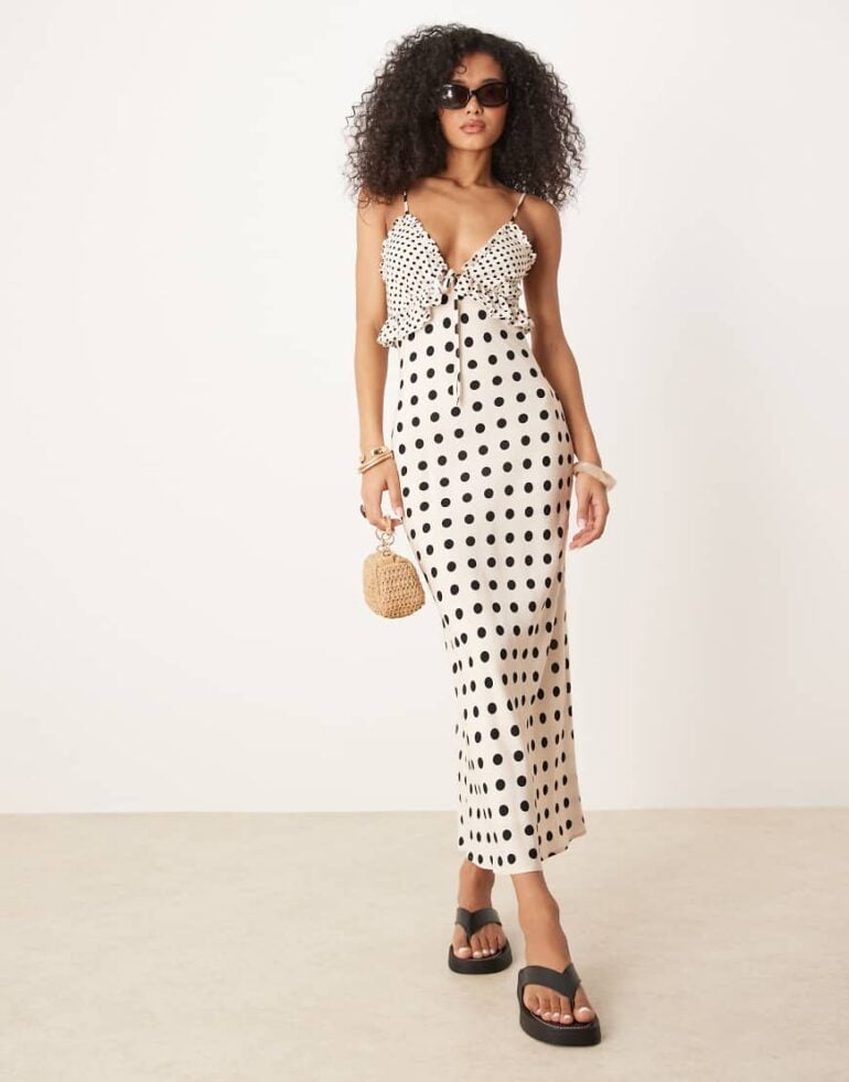 ASOS DESIGN tie front bust ruffle midi dress in polka dot print-Multi