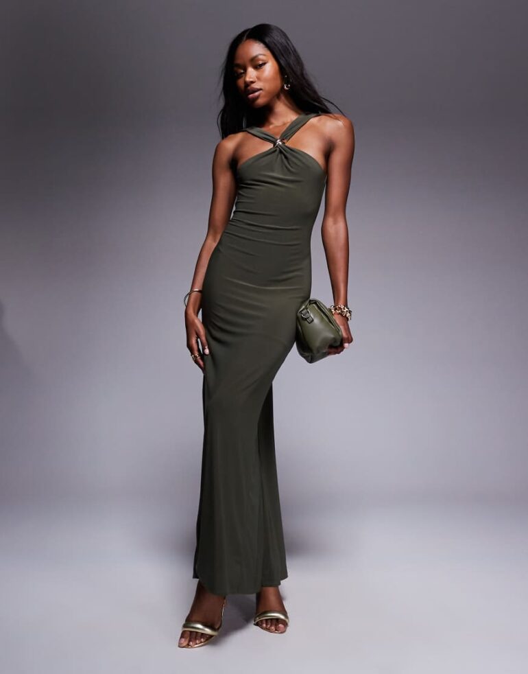 ASOS DESIGN trimmed halterneck maxi dress with twisted back detail in khaki-Green