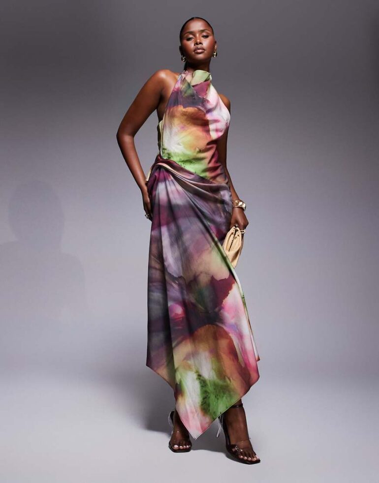ASOS DESIGN tuck detail halter maxi dress in abstract print-Multi