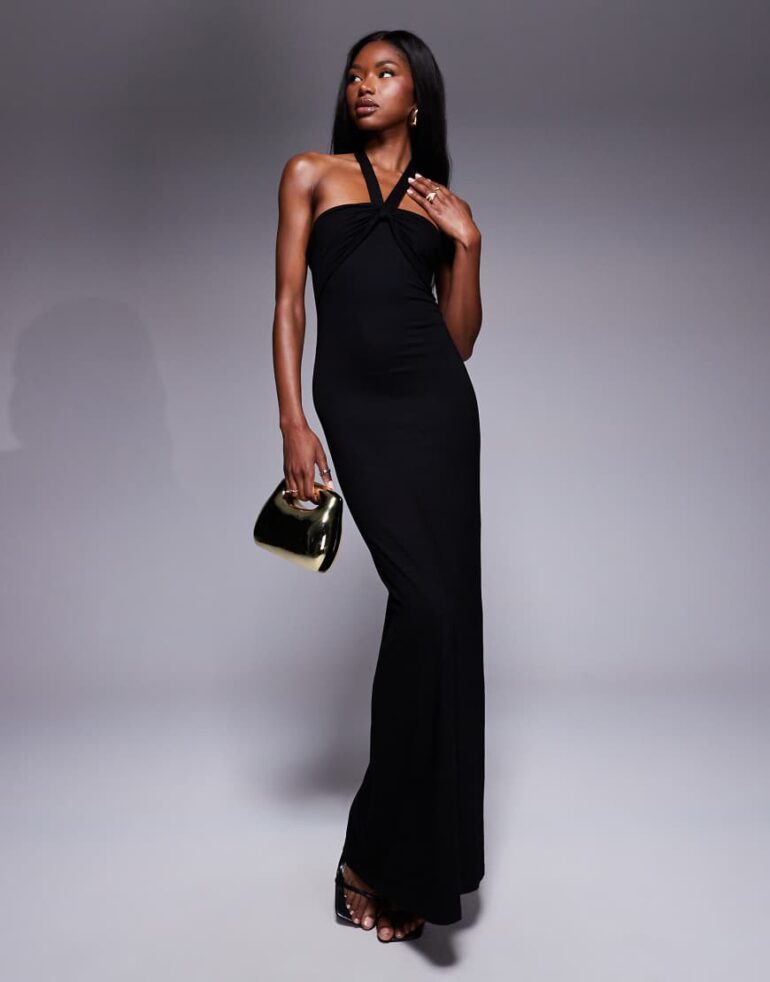 ASOS DESIGN twisted halter softline maxi dress in black