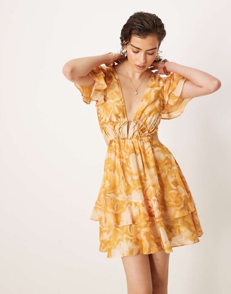 ASOS DESIGN v neck angel sleeve cut out mini dress in floral print-Multi