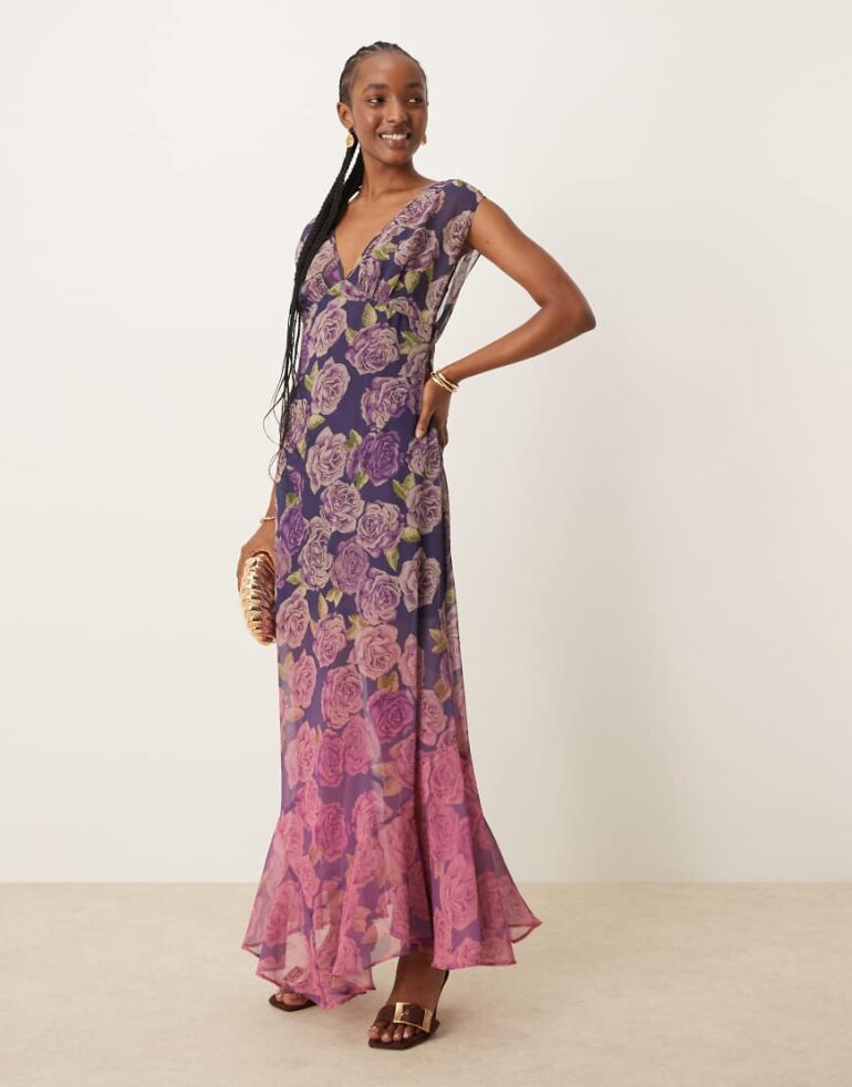 ASOS DESIGN v-neck floral ombre print maxi dress-Multi