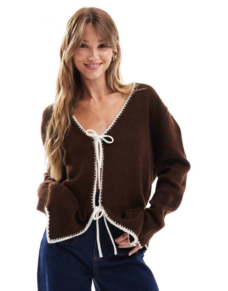 ASOS DESIGN v neck knitted oversized tie front cardigan in chocolate-Brown