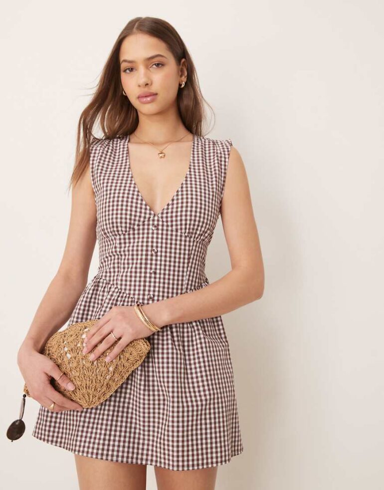 ASOS DESIGN v neck waisted button down mini dress in chocolate gingham-Multi