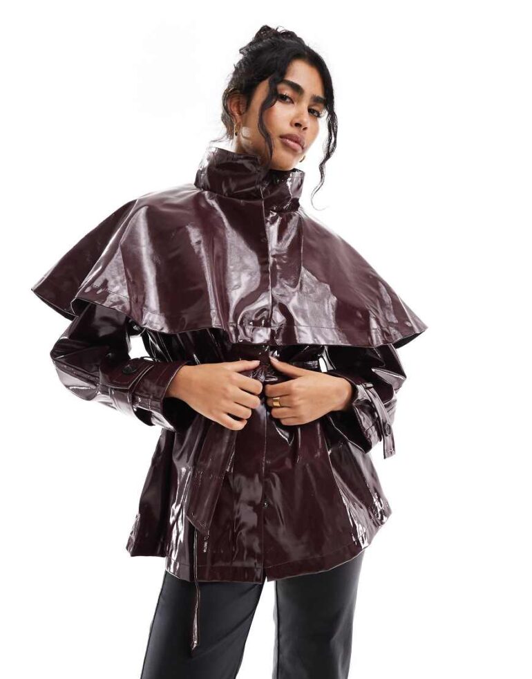 ASOS DESIGN vinyl cape jacket in burgundy-Red