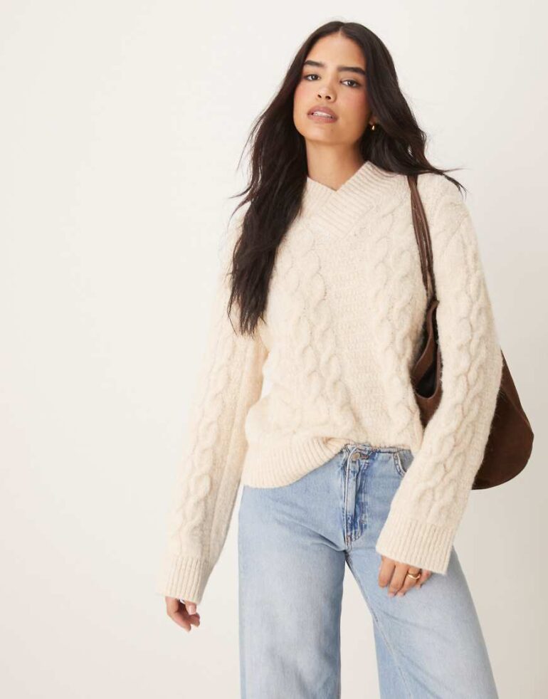 ASOS DESIGN wool blend cable knit jumper with high v in ecru-White
