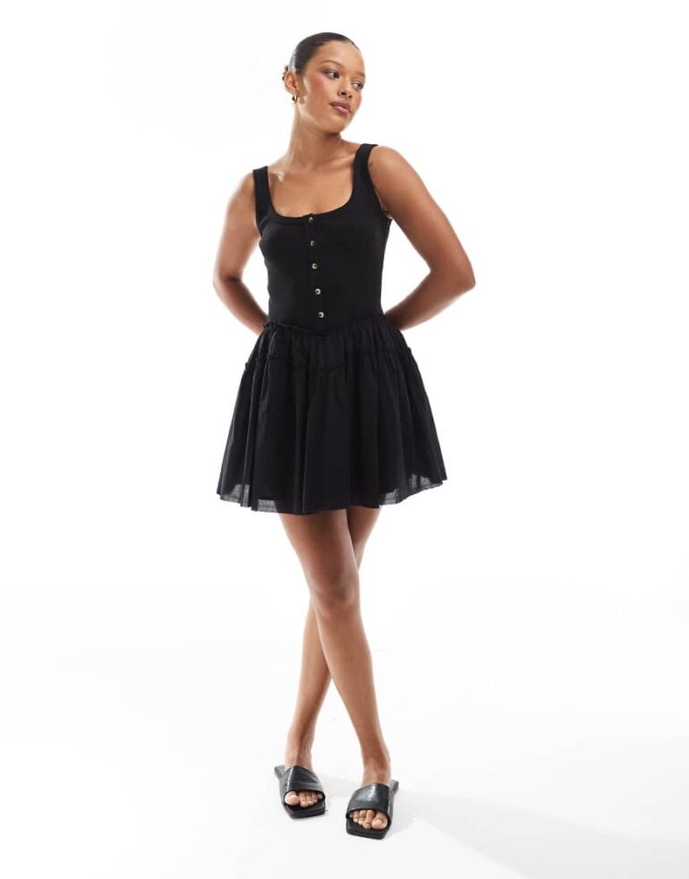 ASOS Design scoop button ribbed bodice with poplin skirt mini in black
