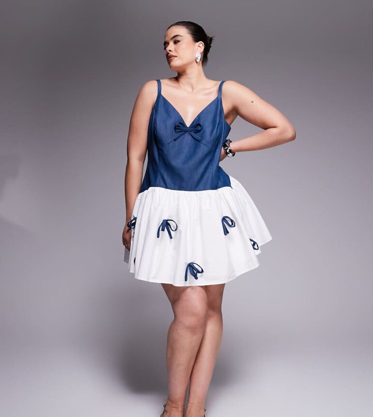 ASOS LUXE Curve chambray mini dress with bow detail and contrast poplin skirt in blue