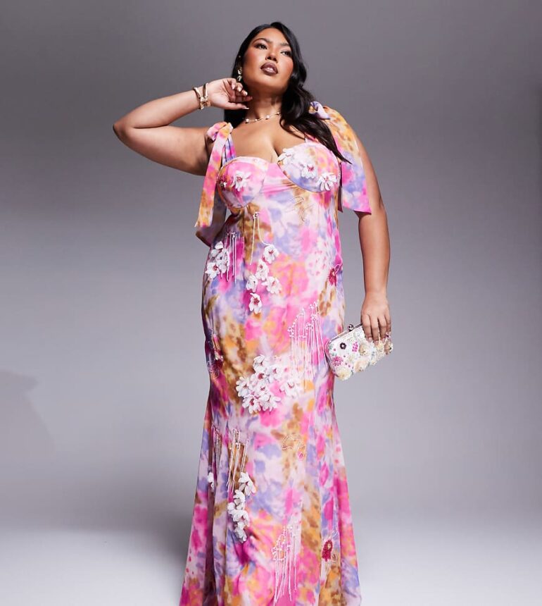 ASOS LUXE Curve embellished printed maxi dress in floral print-Pink