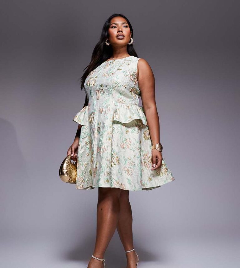 ASOS LUXE Curve jacquard bow back mini dress in sage floral-Green