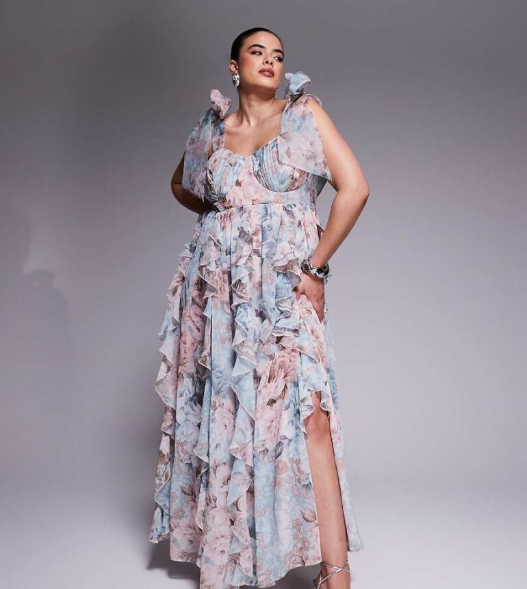 ASOS LUXE Curve maxi dress with waterfall ruffles and tie straps in lace floral print-Green