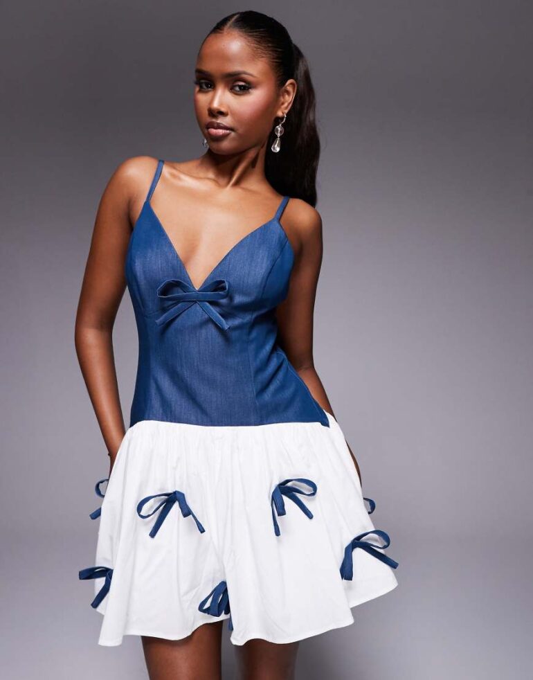 ASOS LUXE chambray mini dress with bow detail and contrast poplin skirt in blue