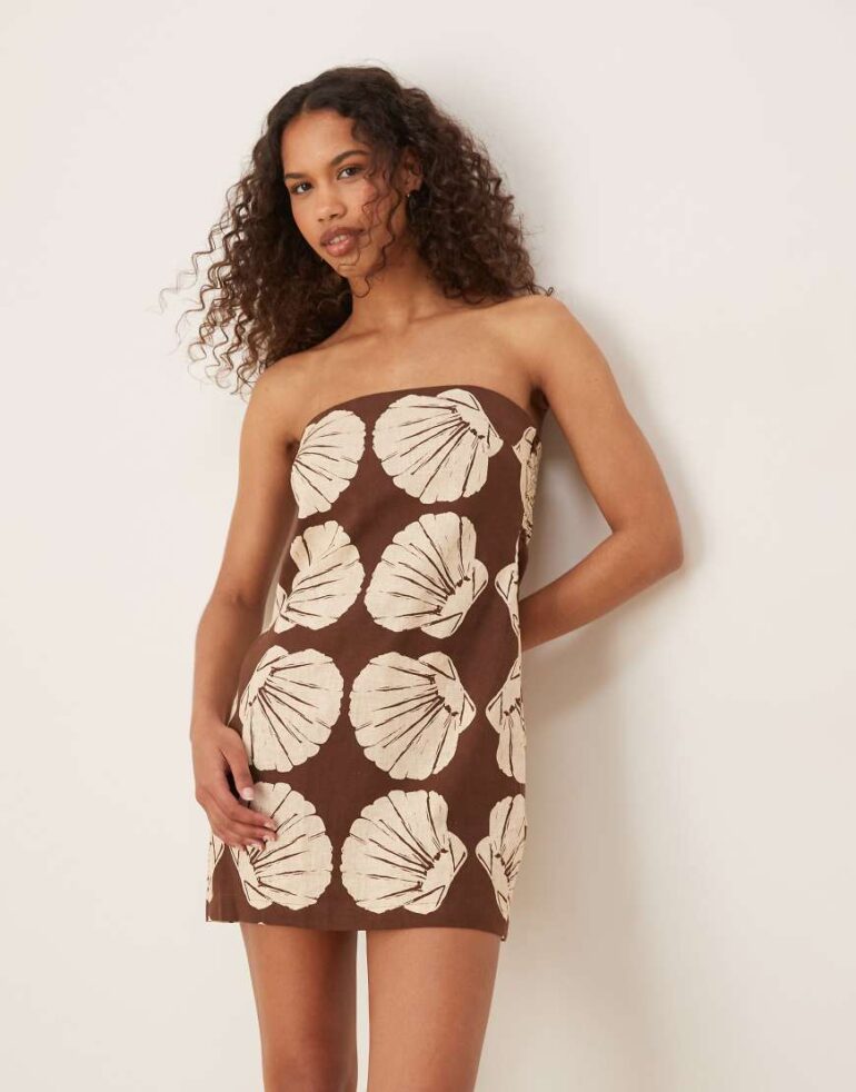 Abercrombie & Fitch bandeau linen mini skort dress in brown seashell