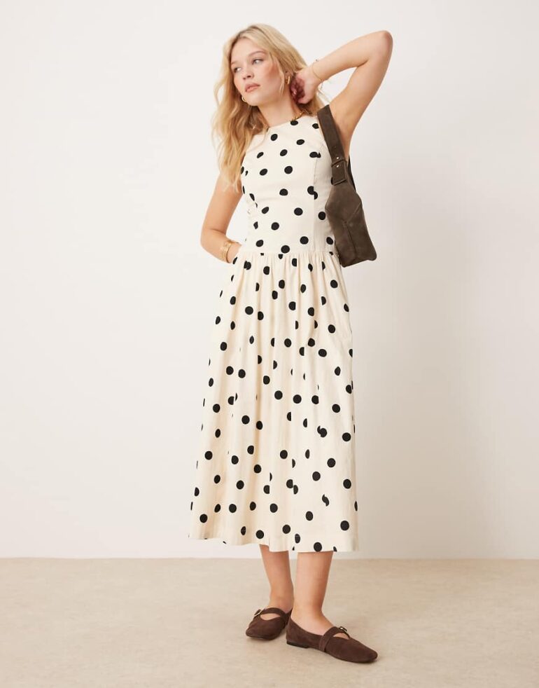 Abercrombie & Fitch high neck drop waist midi dress in black polkadot