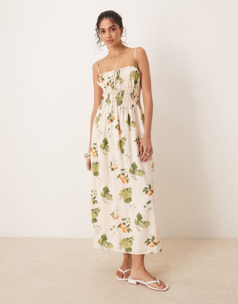 Abercrombie & Fitch soft neck spaghetti strap flowy maxi dress in fruit print-Multi