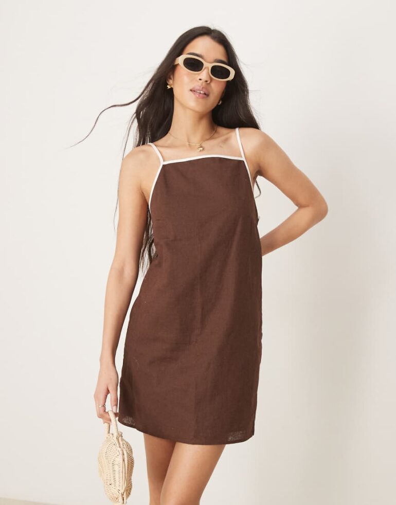 Abercrombie & Fitch square neck mini shift dress in brown