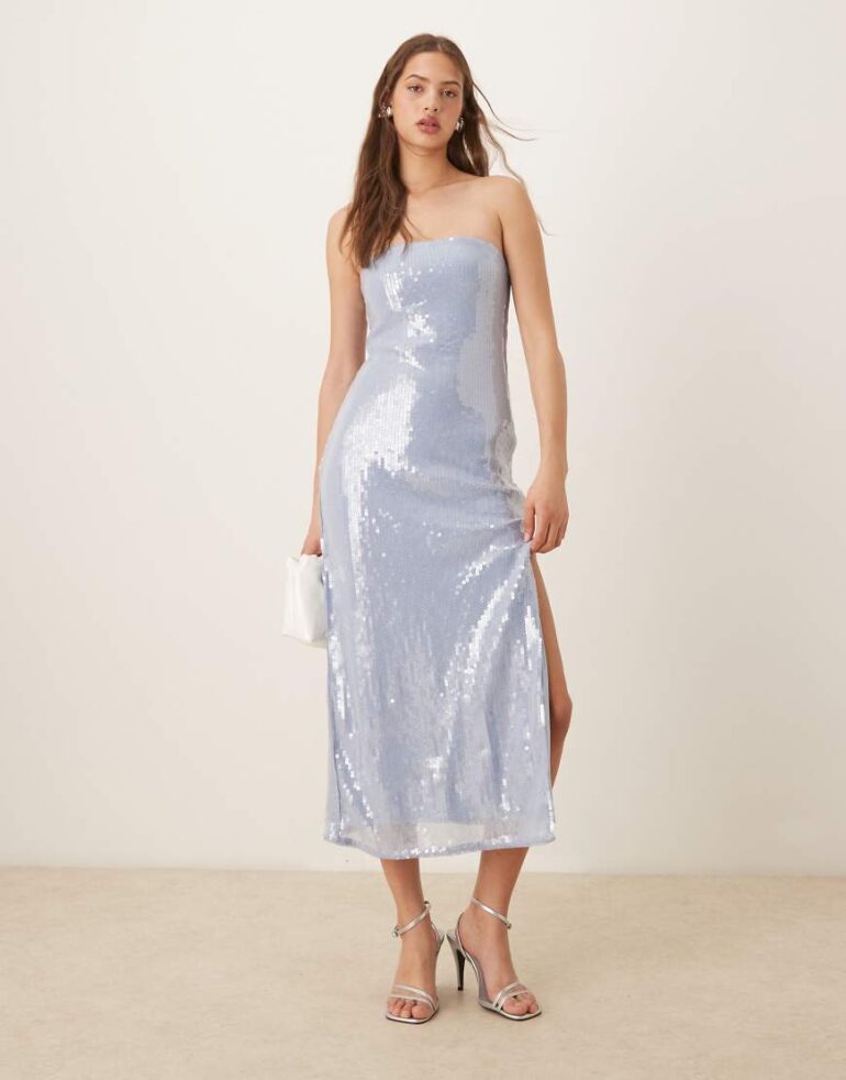 Abercrombie & Fitch strapless sequin slip midi dress in blue