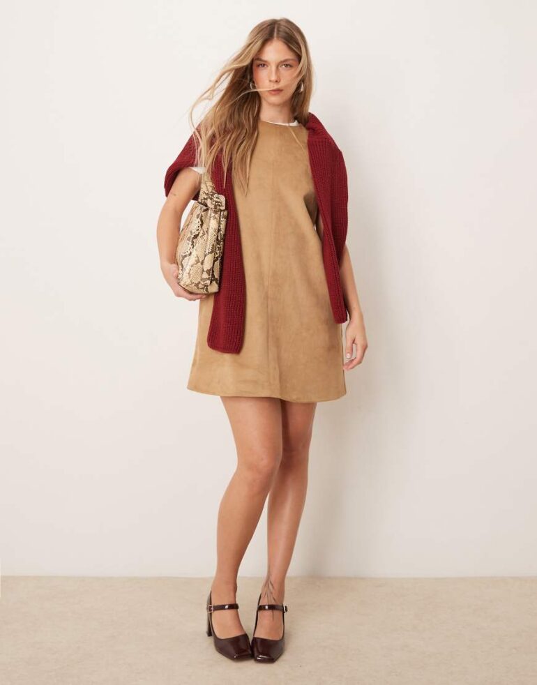 Abercrombie & Fitch suede sleeveless blazer dress in tan-Brown