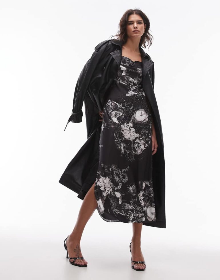 AllSaints Hadley satin maxi dress in black print exclusive to asos