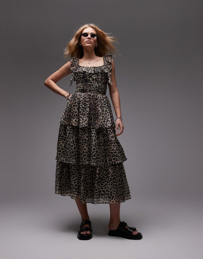 AllSaints Salonda tiered maxi dress in leopard print-Yellow