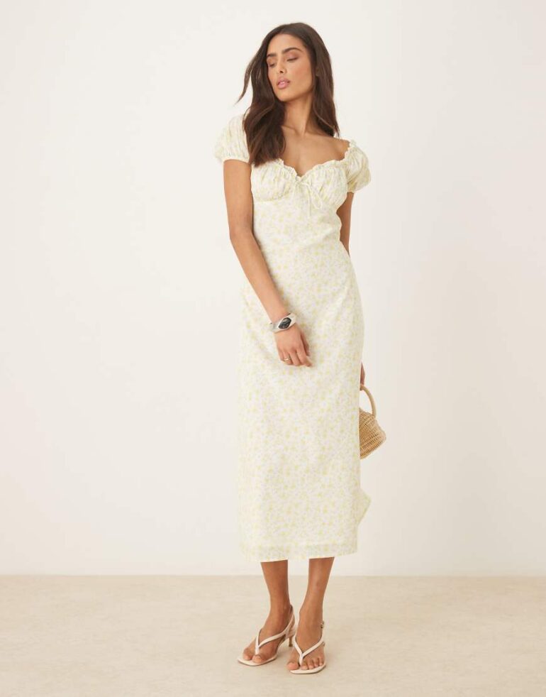 Amy Jane London Daphne milkmaid midi dress in lemon ditsy-Yellow