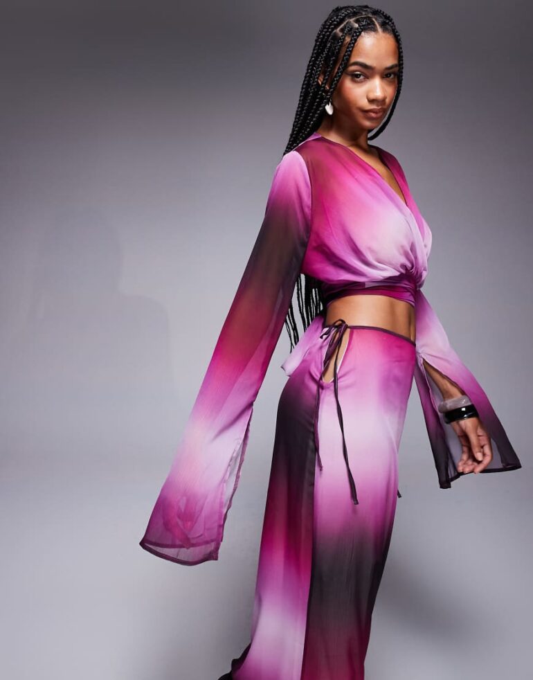 Aria Cove chiffon wrap split sleeve beach top co-ord in purple ombre
