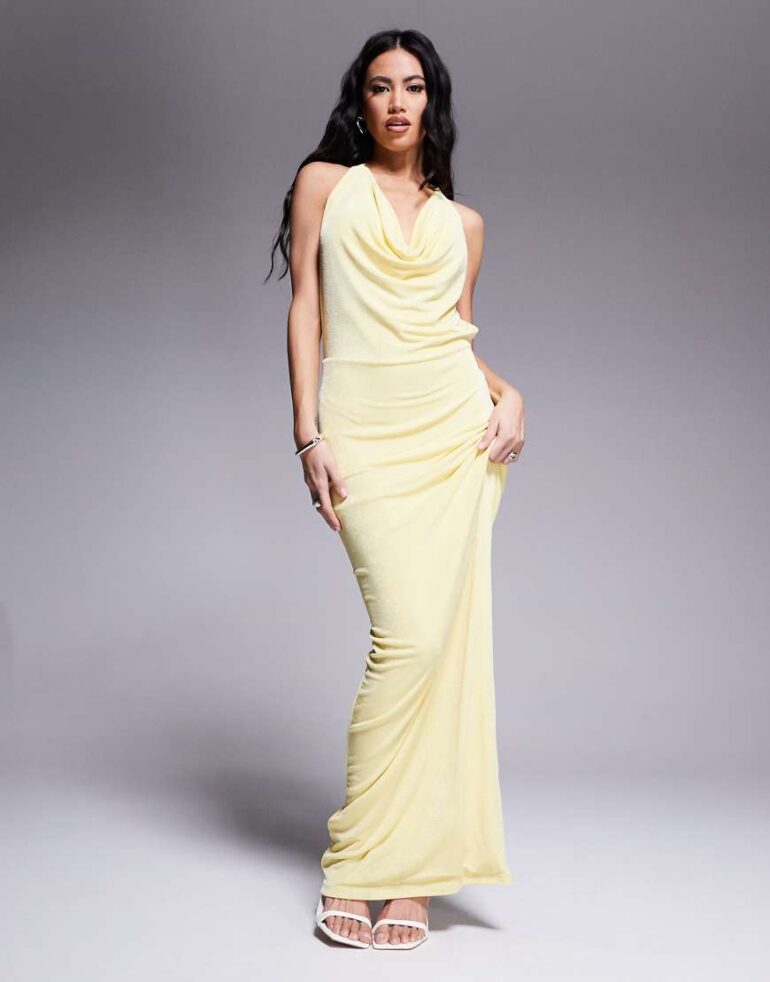 Aria Cove double layered slinky deep cowl neck open tie back maxi dress in yellow