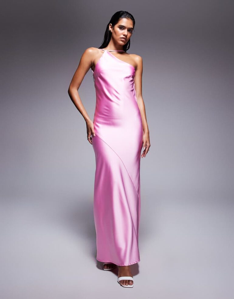 Aria Cove satin one shoulder open back maxi dress in pink