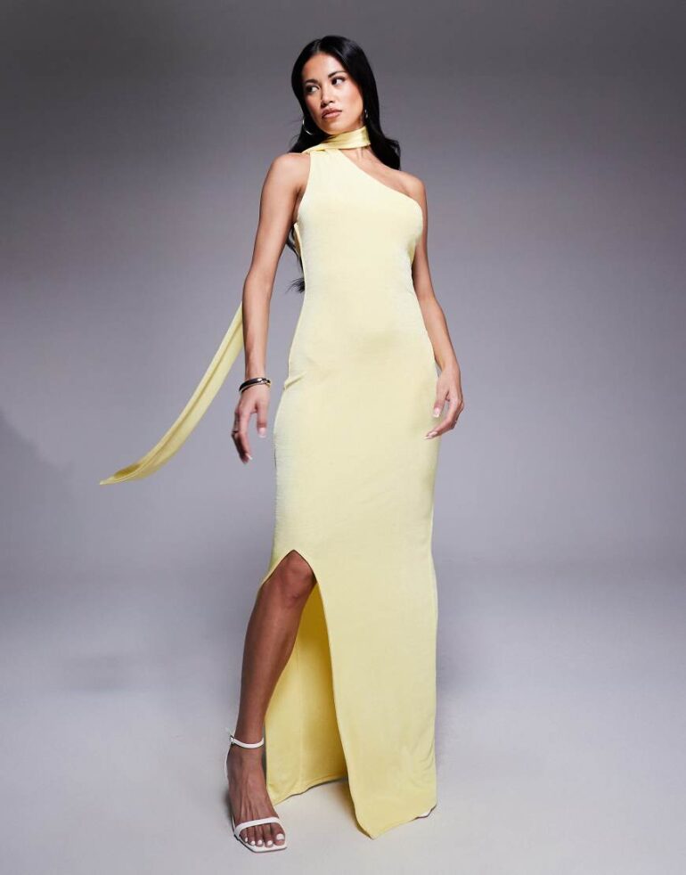 Aria Cove scarf neck one shoulder maxi dress in yellow