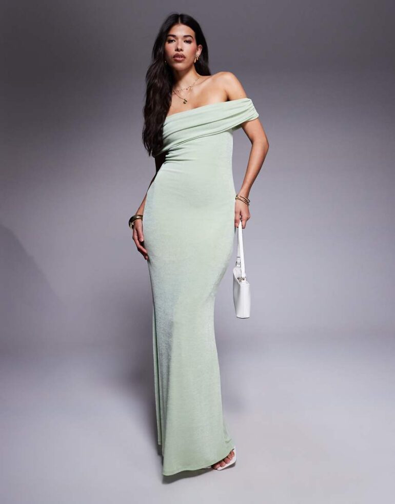 Aria Cove slinky ruched bardot bodycon maxi dress in green