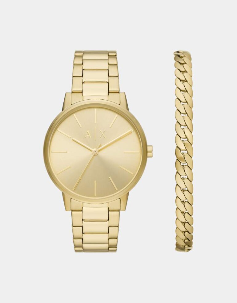 Armani Exchange Three-hand gold-tone stainless steel watch and gold-tone stainless steel bracelet set in gold