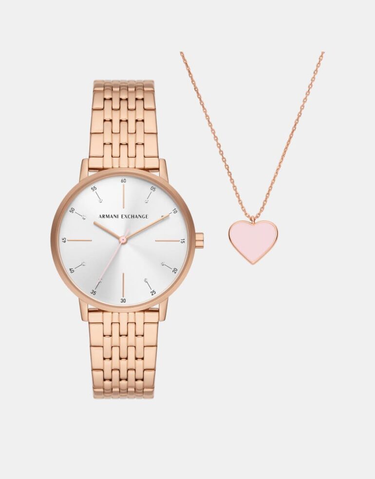 Armani Exchange Three-hand rose gold-tone stainless steel watch and rose gold-tone stainless steel necklace set in rose gold