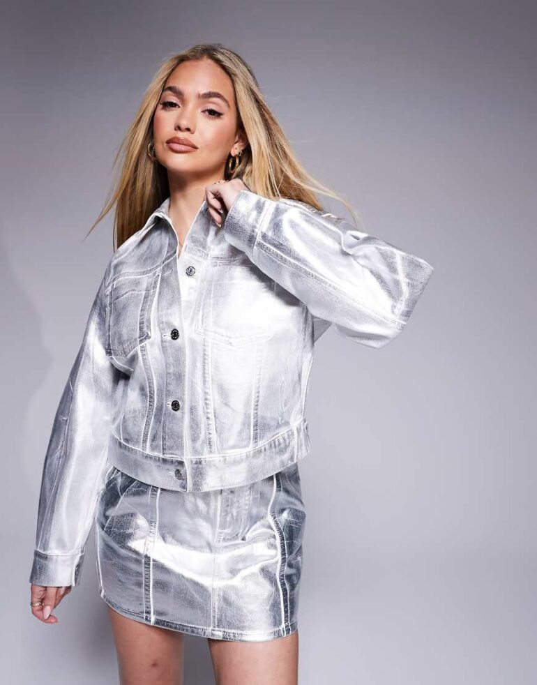 Armani Exchange metallic coated jacket co-ord in silver