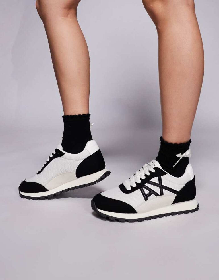 Armani Exchange suede mix logo trainers in black and white