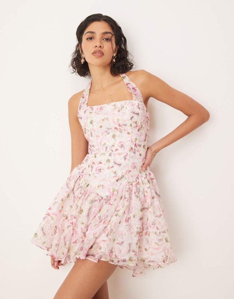 Bardot halter neck mini dress in pink floral