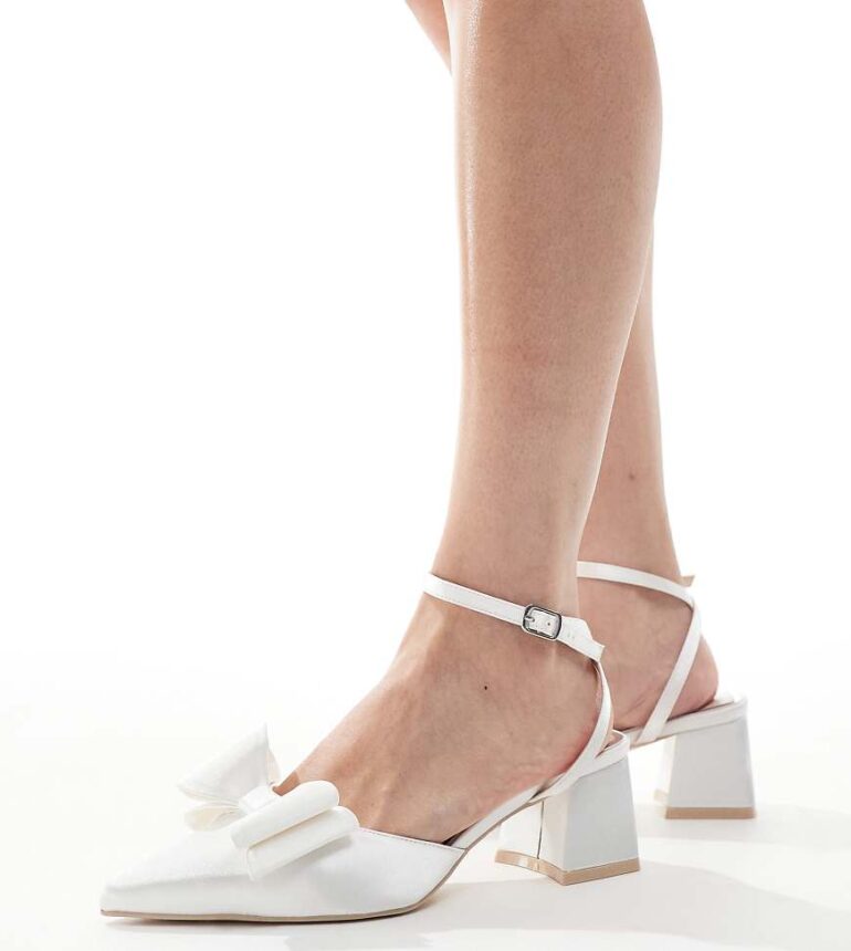 Be Mine Wide Fit Bridal Kluhi low block heeled sandals with bow in ivory-White
